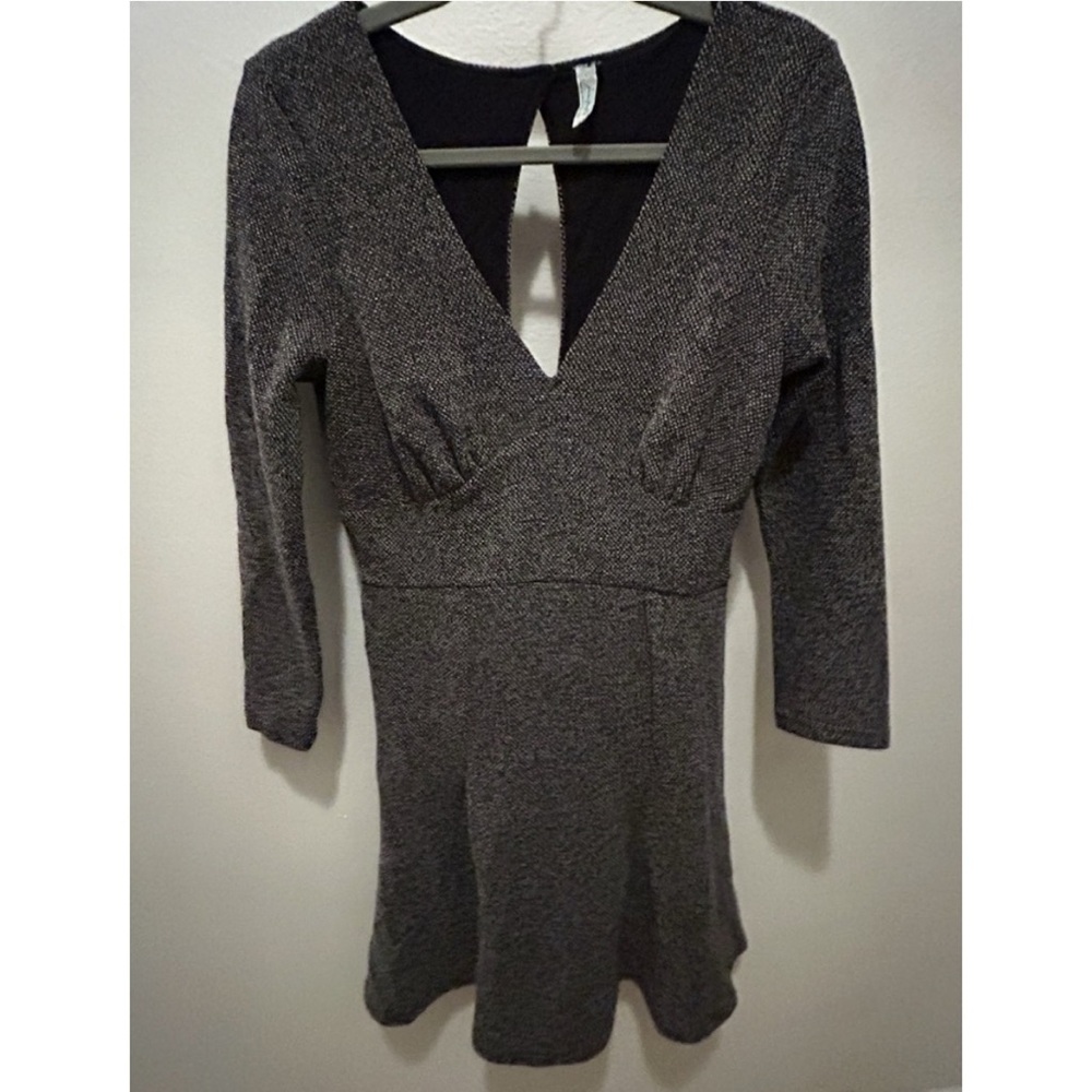 FREE PEOPLE Heartstopper Knit Gray V-Neck Long Sleeve Skater Mini Dress Boho - Picture 4 of 14